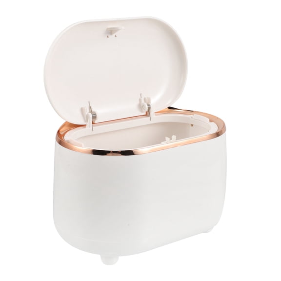 KAKOWELY 1Set Mini Desktop Garbage Can with Push Lid for Home Office School White Plastic Oval Shape