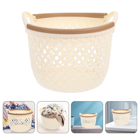 KAKOWELY Beige Flexible Laundry Basket Plastic Hamper with Handles Breathable Portable Storage Bin