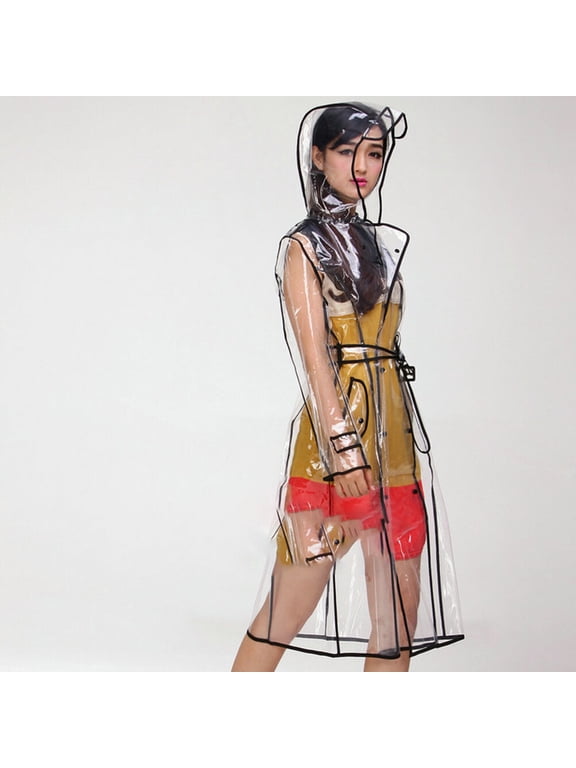 Transparent Eva Raincoat with Hood and Belt Lightweight Mid Long Black Slicker