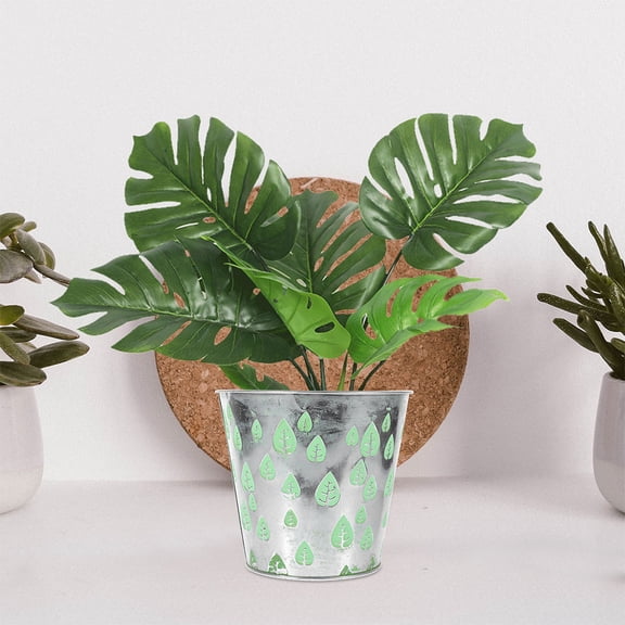 KAKOWELY Metal Flower Holder with Unique Carved Leaf Design Light Green Plant Container