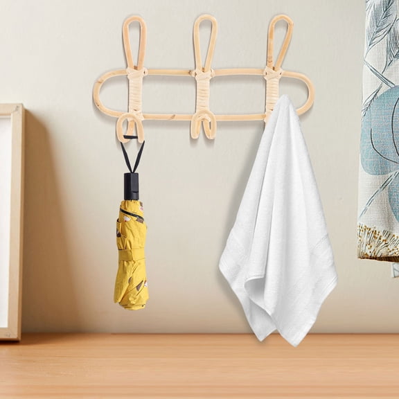 KAKOWELY Natural Rattan Wall Mounted Hooks Rack in Khaki for Clothing and Hat Organization in Home