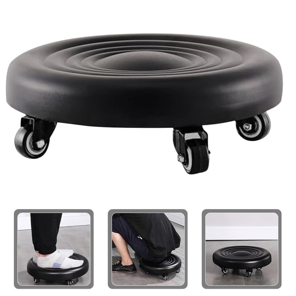 KAKOWELY PU Material Foot Rest Stool Black with Silent Rolling Wheels for Living Room Or Office