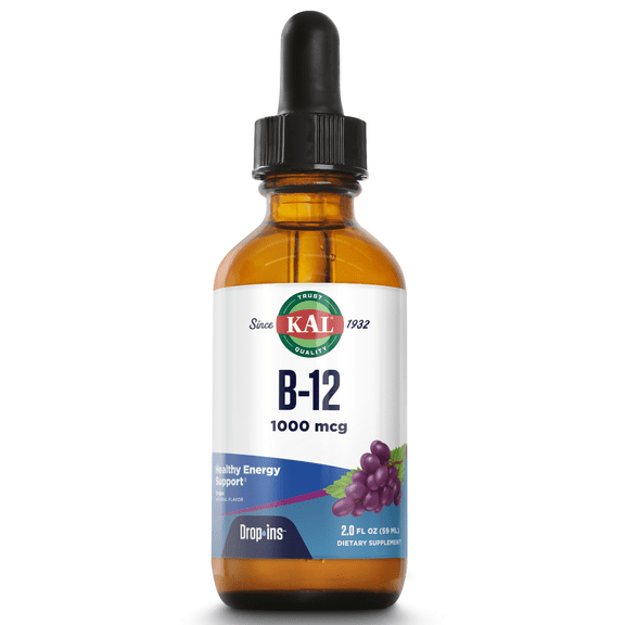 KAL B-12 DropIns 1000 mcg | Natural Grape Flavor | Healthy Metabolism, Energy, Nerve & Red Blood Cell Support | 2 FL. OZ. | 196 Servings