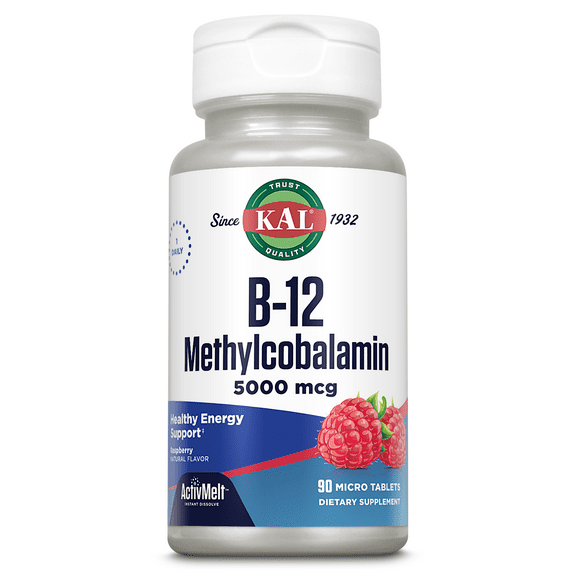 KAL B-12 Methylcobalamin 5000mcg ActivMelt, Raspberry Flavor | Healthy Metabolism, Energy & Red Blood Cell Support, 90ct