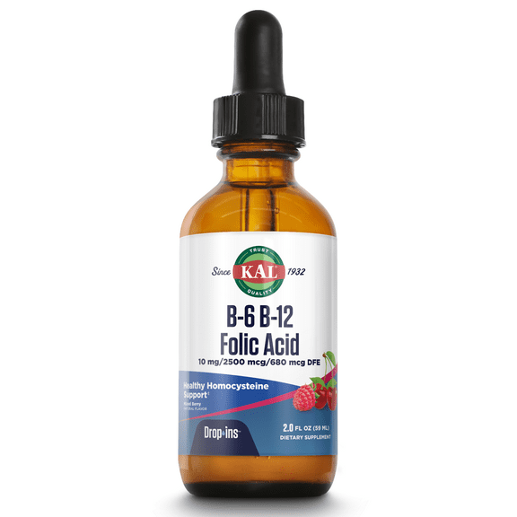 KAL B-6 B-12 Folic Acid DropIns | Vitamin B Complex Drops | 5-MTHF for Healthy Cardiovascular Support | Mixed Berry, 2oz