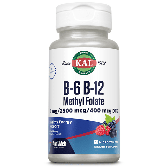 KAL B-6, B-12 Methyl Folate ActivMelt | Healthy Heart & Energy Support | Natural Mixed Berry Flavor | Active, Coenzyme Forms | 60 Micro Tablets