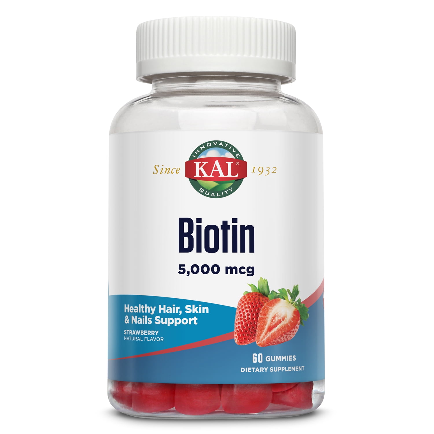 KAL Biotin Gummies 5,000 mcg | Healthy Hair Skin and Nail Support | Vegetarian | Strawberry | 60ct, 30 Serv.