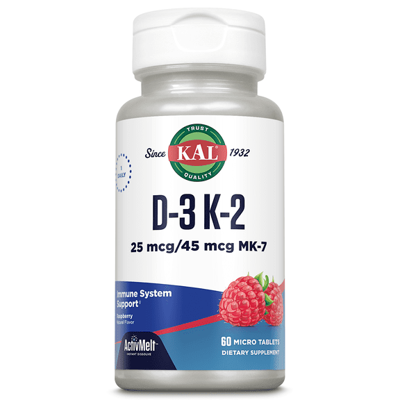KAL D-3 and K-2 ActivMelt | Healthy Bones, Heart & Immune Function Support | Instant Dissolve Tabs | Natural Red Raspberry Flavor | 60 Micro Tablets