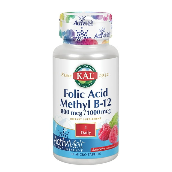 KAL Folic Acid Methyl B-12 ActivMelt | Natural Raspberry Flavor | Healthy Heart & Energy Support | Superior Methylcobalamin | 60 Micro Tablets