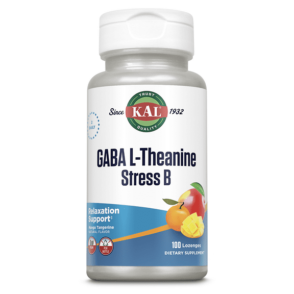 KAL GABA L-Theanine Stress B Lozenge | Healthy Relaxation, Mood & Focus Support | B Complex Vitamins | Natural Mango Tangerine Flavor | 100 Lozenges