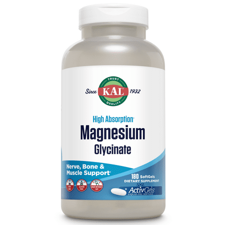 KAL Magnesium Glycinate ActivGels 315mg, Fully Chelated, High Absorption Magnesium Supplement for Relaxation, Muscle & Bone Support, Non-GMO, Gluten Free, 60 Servings, 180 Softgels