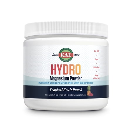 KAL Hydro Magnesium Plus Electrolytes Powder - Tropical Fruit Punch - Sodium, Chloride, Potassium Supplement - Hydration & Cellular Energy Drink Mix - No Sugar - 60-Day Guarantee, 50 Servings, 9.4 OZ