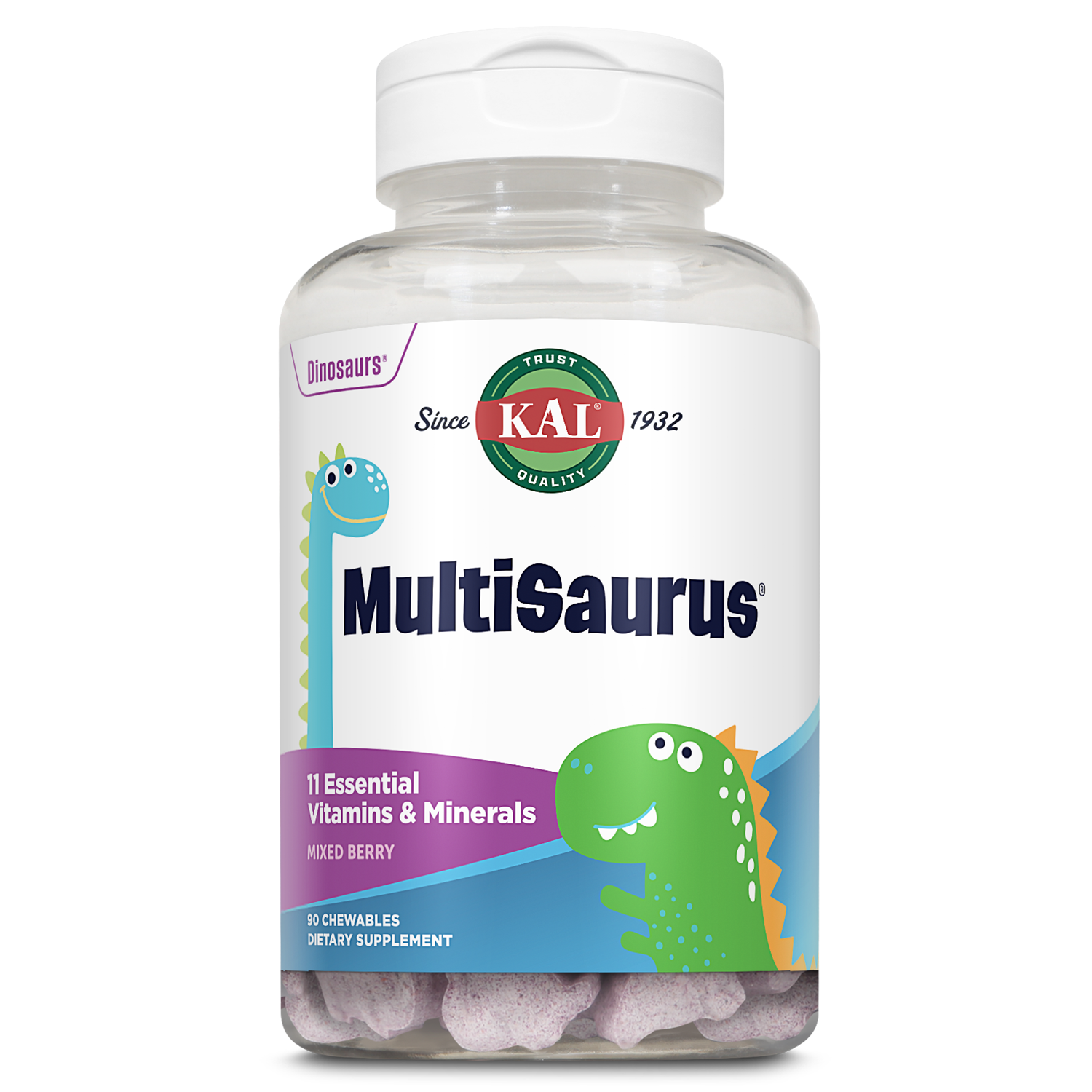 KAL Kids MultiSaurus Vitamins & Minerals | Mixed Berry Flavor | Childrens Once Daily Multivitamin | 90 Chewables - image 1 of 6