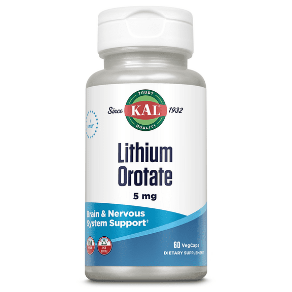 KAL Lithium Orotate 5mg | Low Serving Of Chelated Lithium Orotate For Bioavailability & Mood Support | In Organic Rice Bran Extract Base | 60 VegCaps