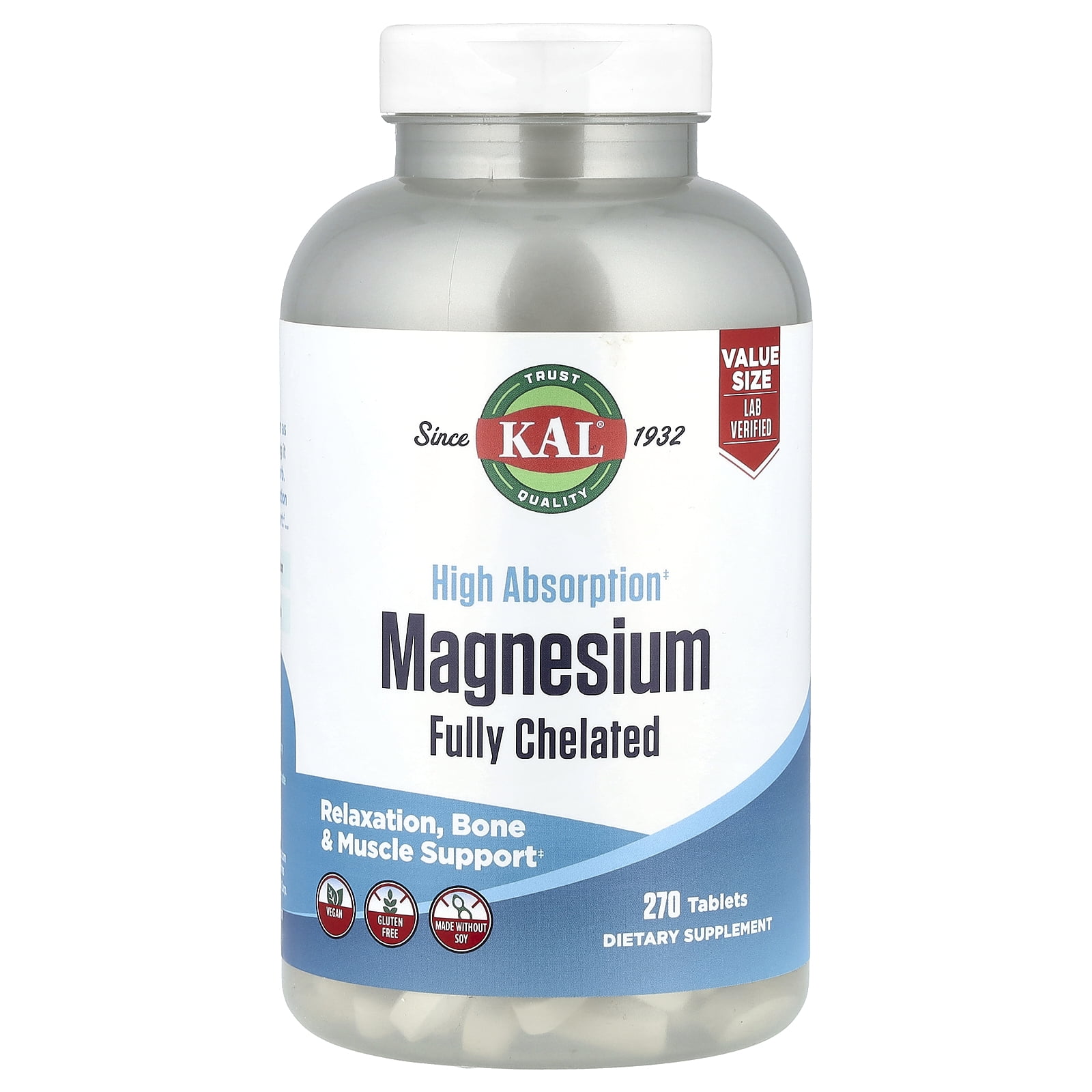 KAL Magnesium Glycinate 315mg, Fully Chelated, High Absorption Magnesium Supplement for Stress, Relaxation, Muscle & Bone Health Support, Vegan, Gluten Free, Value Size, 90 Servings, 270 Tablets