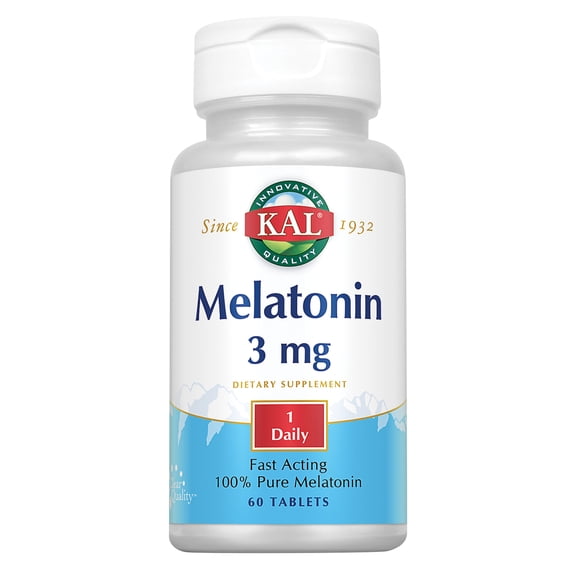 KAL Melatonin 3 mg | Healthy Relaxation & Sleep Support Formula | Fast-Acting | With Vitamin B-6 (60 CT)