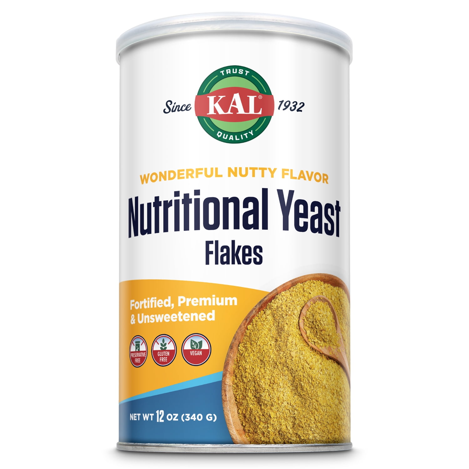 KAL Nutritional Yeast Flakes, Fortified With B12, Folic Acid & Other B Vitamins, Unsweetened, Great Nutty Flavor, Vegan & Gluten Free, 60-Day Money Back Guarantee, Made In The USA (34 Servings, 12oz)