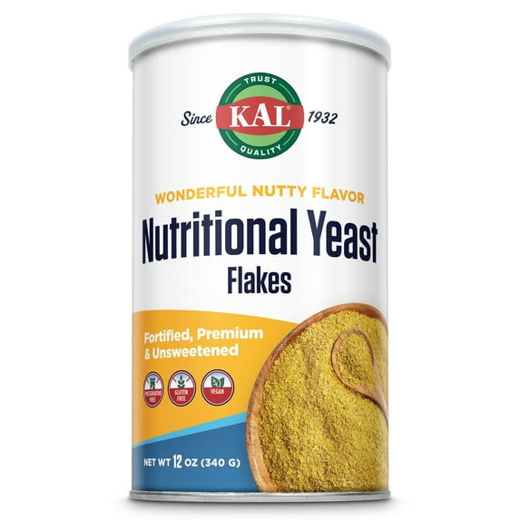 KAL Nutritional Yeast Flakes, Fortified with B12, Folic Acid & Other B Vitamins, Unsweetened, Great Nutty Flavor, Vegan & Gluten Free, 60-Day Money Back Guarantee, Made in the USA