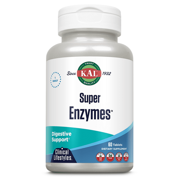 KAL Super Enzymes | Healthy Digestive Support | Digestive Enzymes and Herbs in Bi-Layer/Extended Release Formula | Lab Verified | 60 Tablets