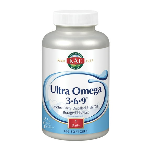 KAL Ultra Omega 3-6-9 1200mg | Fish Oil w/ Cold Pressed Flaxseed & Borage Oil | Skin, Hair, Heart, Memory | 100 Softgels