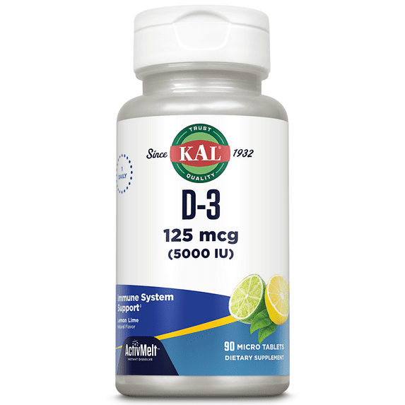 KAL Vitamin D-3 5000 IU | Natural Lemon Lime ActivMelt Micro Tablets | Healthy Immune Function & Bone Support | 90 Ct