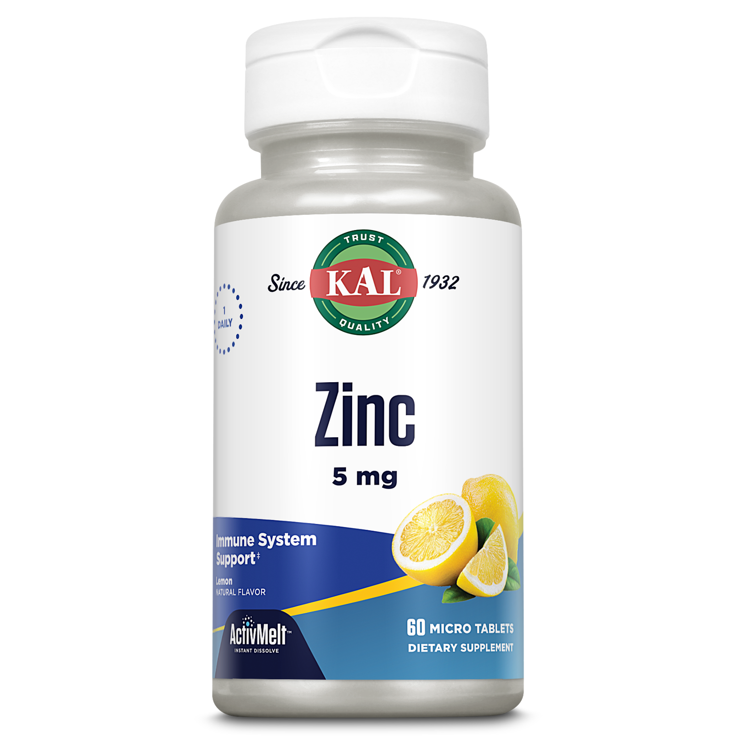 KAL Zinc 5 mg ActivMelt | Sweet Lemon Flavor | Healthy Protein Synthesis, Growth, Taste Acuity & Immune System Function Support | 60 Micro Tablets - image 1 of 6