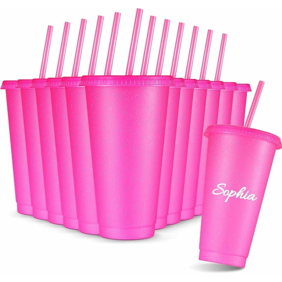 KALAKALA 12 Pcs Reusable Glitter Cups with Lids and Straws 24 oz Plastic Tumbler Iced Coffee Cup Travel Mug for Smoothie Juice Sleepover Wedding Graduation Party Supplies Girl(Clear)