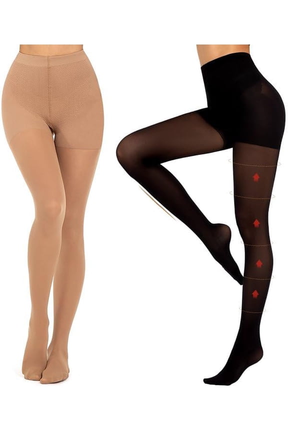 2 Pairs Compression Pantyhose for Women Shaping Black Tights 10-15mmHg Support 50D Opaque Stockings