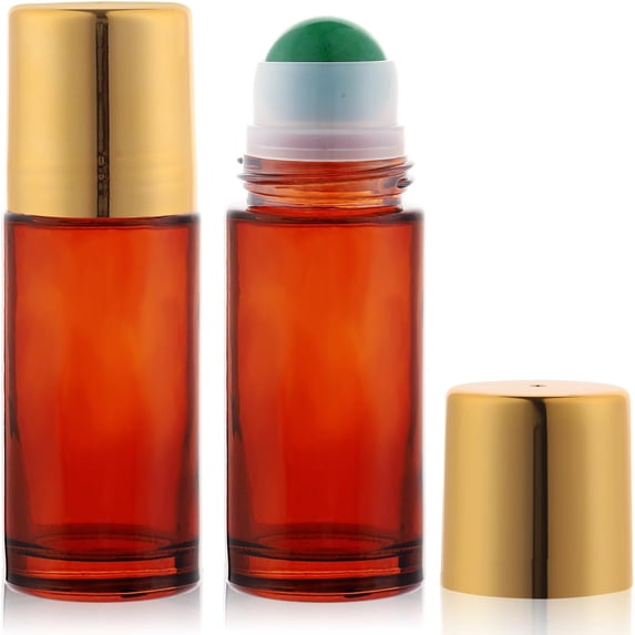 KALAKALA 2 pack 1.7oz Large Amber Glass Roll on Bottles Rose Quartz Roller Ball Applicator for Essential Oils Perfume Refillable Empty Deodorant Containers with Pink Crystal Rollerball