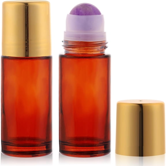 KALAKALA 2 pack 1.7oz Large Amber Glass Roll on Bottles Rose Quartz Roller Ball Applicator for Essential Oils Perfume Refillable Empty Deodorant Containers with Pink Crystal Rollerball
