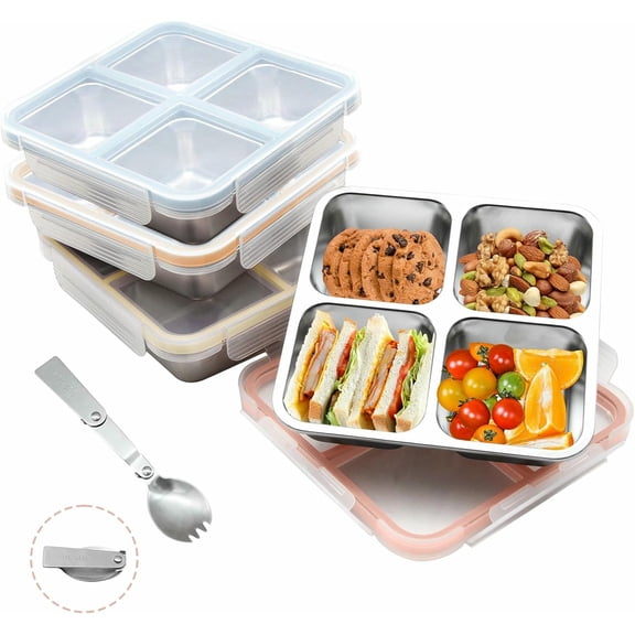 KALAKALA 3 Pack Stainless Steel Bento Lunch Box, 4 Compartment Snack Containers, Divided Meal Prep Lunch Containers, Food Storage Containers For Work and Travel