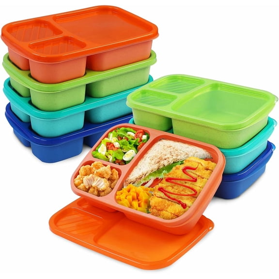 KALAKALA 4 Pack Bento Lunch Box Set 3 Compartment Food Storage Containers Wheat Straw Meal Prep Lunch Box Plastic Food Storage Containers, Microwave and Dishwasher Safe (light colour)