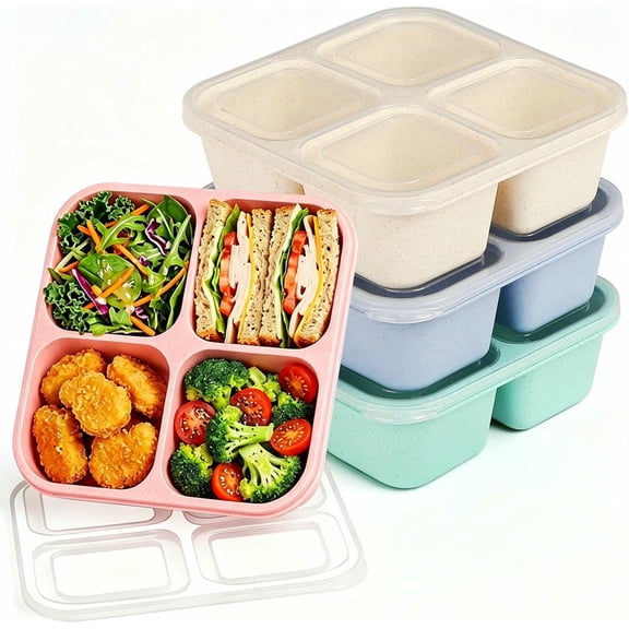 KALAKALA 4 Pack Bento Snack Containers Set, 4 Compartment Food Storage Containers ,Wheat Straw Meal Prep Lunch Box ,Plastic Food Storage container, Microwave and Dishwasher Safe (4colour)