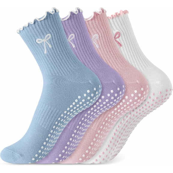 KALAKALA 4 Pairs Cute Pilates Grip Socks for Women, Ruffle Non Slip Crew Grippy Yoga Socks with Bow for Gym Ballet Barefoot