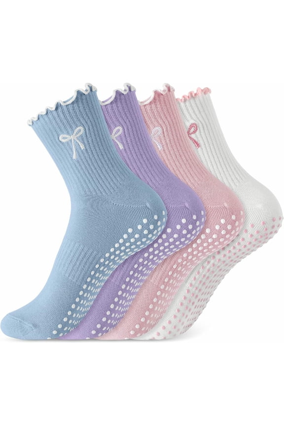 4 Pairs Cute Pilates Grip Socks for Women, Ruffle Non Slip Crew Grippy Yoga Socks with Bow for Gym Ballet Barefoot