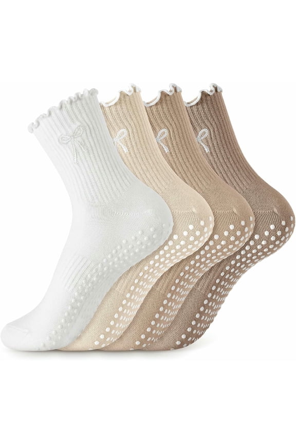 4 Pairs Cute Pilates Grip Socks for Women, Ruffle Non Slip Crew Grippy Yoga Socks with Bow for Gym Ballet Barefoot