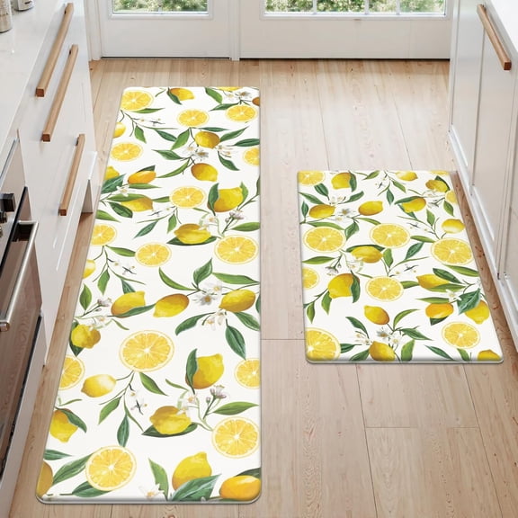 KALAKALA Anti Fatigue Lemon Kitchen Rugs Mats Set of 2 Pieces Non Slip Soft Cushioned Wipeable Kitchen Mats for Floor Standing Mats, 17"x27.5"+17"x47", White