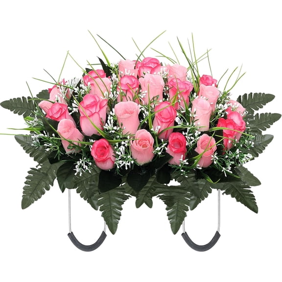 KALAKALA Artificial Cemetery Flower Headstone Flower Saddle Grave Rose Flowers for Cemetery Non-Bleed Colors Windpoof (Pink)