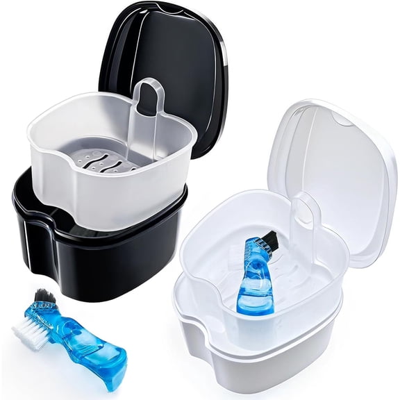 KALAKALA Black Denture Soaking Container Partial Denture Case, Orthodontic Retainer Cleaning Case Denture Cleaner Container Dentures Teeth Cup with Strainer and Lid Waterproof