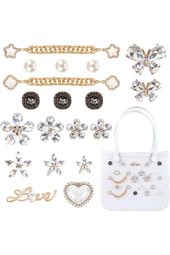 Bling Accessories for BOGG Bags - 22PCS Flower, Letter & Pearl Chain Charms,Easy-Clip Rhinestone Decorations for Beach Totes, Crochet & Rubber Bags