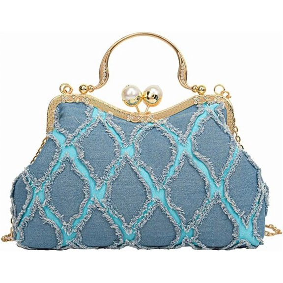 KALAKALA Denim Clutch Bag Women Quilted Evening Bag Bridal Wedding Purse Sparkly Rhinestone Handbag Beaded Pearl Crossbody Bag
