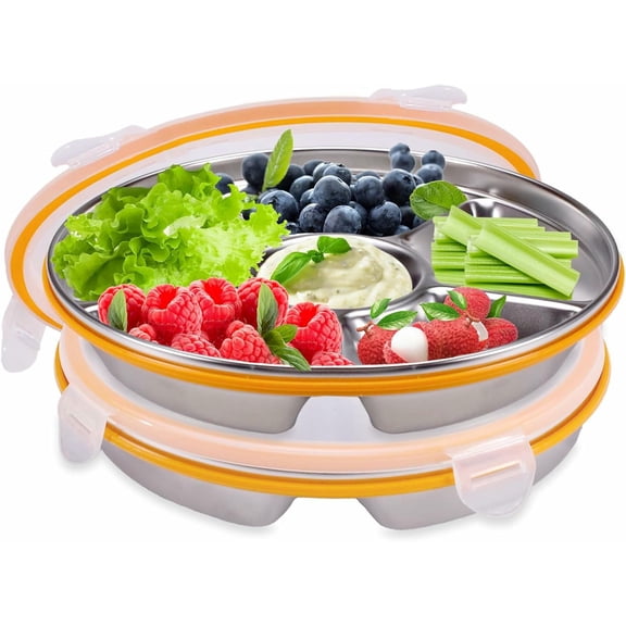 KALAKALA Divided Serving Tray with Lid 6 Compartments, 10.4 Inch Stainless Steel Round Veggie Tray, Reusable Snack Box Container Fruit Platter Parties Fridge Food Storage Picnic (1 pcs)