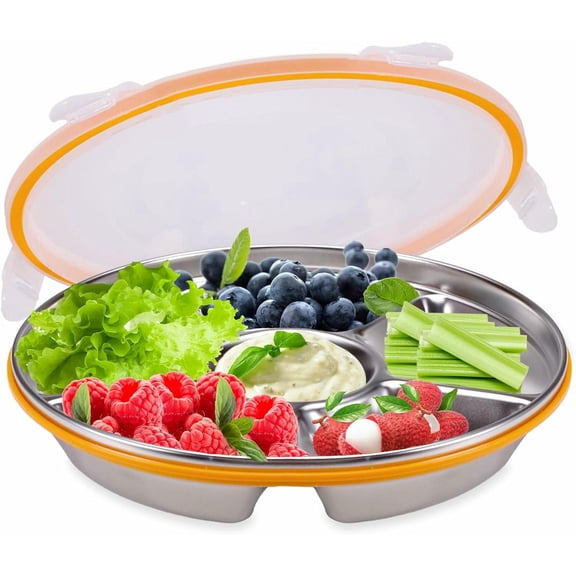 KALAKALA Divided Serving Tray with Lid 6 Compartments, 10.4 Inch Stainless Steel Round Veggie Tray, Reusable Snack Box Container Fruit Platter Parties Fridge Food Storage Picnic (1 pcs)
