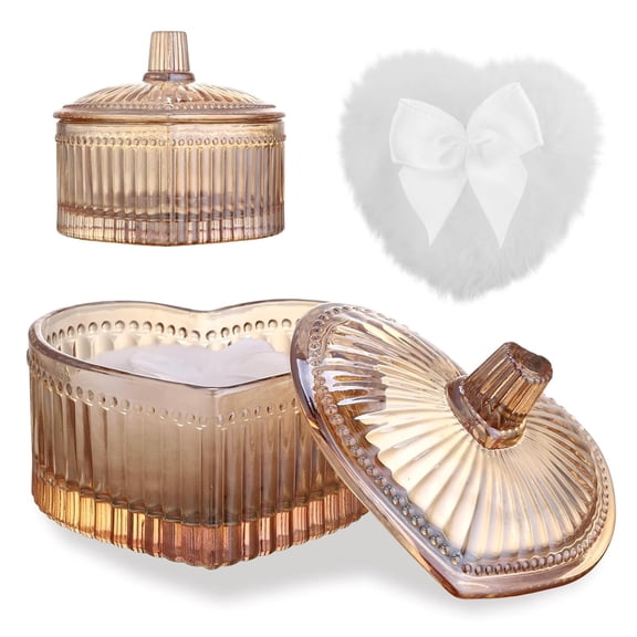 KALAKALA Dusting Powder Container with Velour Puff Cute Heart Shaped Body Powder Jar with Reusable and Washable Puff Clear Amber Glass Makeup Holder for Women