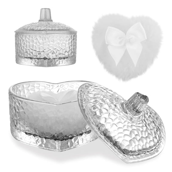 KALAKALA Dusting Powder Container with Velour Puff Cute Heart Shaped Body Powder Jar with Reusable and Washable Puff Clear Amber Glass Makeup Holder for Women