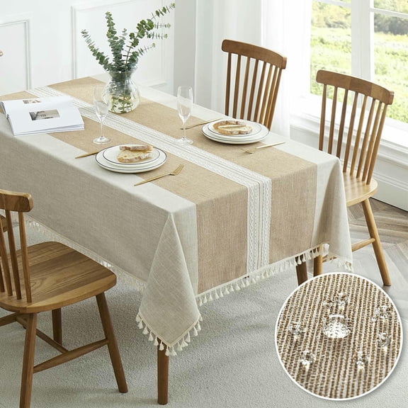KALAKALA Embroidered Tablecloth for Dining Table,Dust Proof Spillproof Soil Resistant Cotton Linen Rectangle Table Cloths (Coffee Wheat, Rectangle/Oblong, 55'x70'', 4-6 Seats)