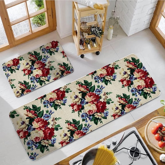KALAKALA Freshmint Floral Green Kitchen Mat, 17 x 30 in, Washable