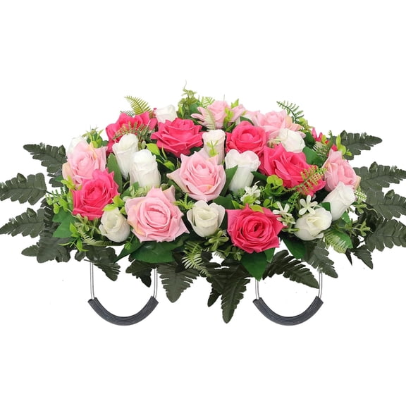 KALAKALA Grave Decorations for Cemetery Artificial Memorial Roses Flowers Bouquets with Vases for Outdoor Grave Decorations Long-Lasting(Purple)