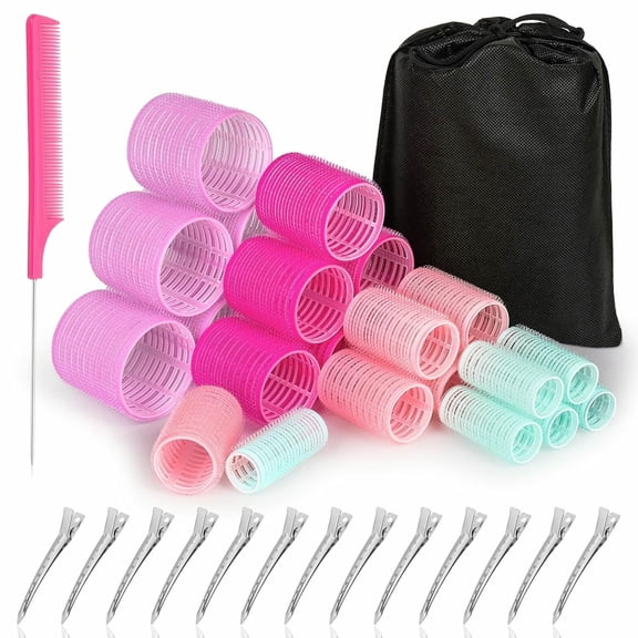 KALAKALA Hair Rollers for Blowout Look, 38 Pcs Self Grip Hair Rollers Set with 4 Sizes, 12 Pcs Hair Clips, Comb and Storage Bag for Hair Volume (Black)