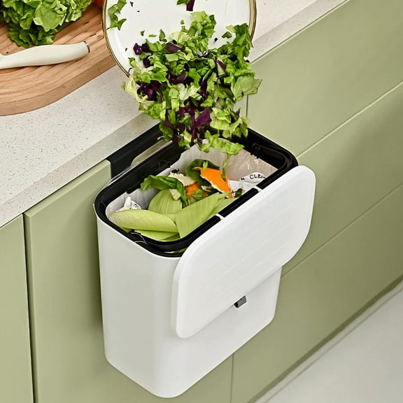 KALAKALA Kitchen Compost Bin,Hanging Trash Can with Lid,Kitchen Compost Bin for Under Sink,Plastic Wall-Mounted Garbage Can, Small Kitchen Trash Bin,Ideal for Kitchen Cabinet Doors(White)